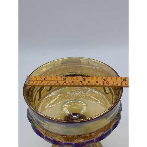 Kings Crown Indiana IRIDESCENT AMBER MARIGOLD Carnival Glass Candy Dish Compote - Picture 8 of 9
